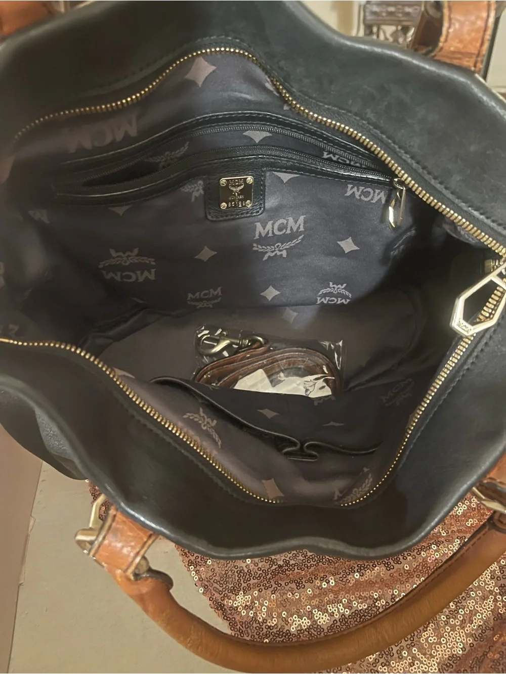 Vintage- MCM Black Leather Tote with Brown Trim and Gold Hardware